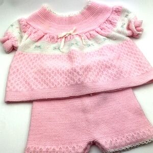 Vintage Knit Baby Outfit Size 9m Girls Pink Matching 2pc Set Infant Children Kid